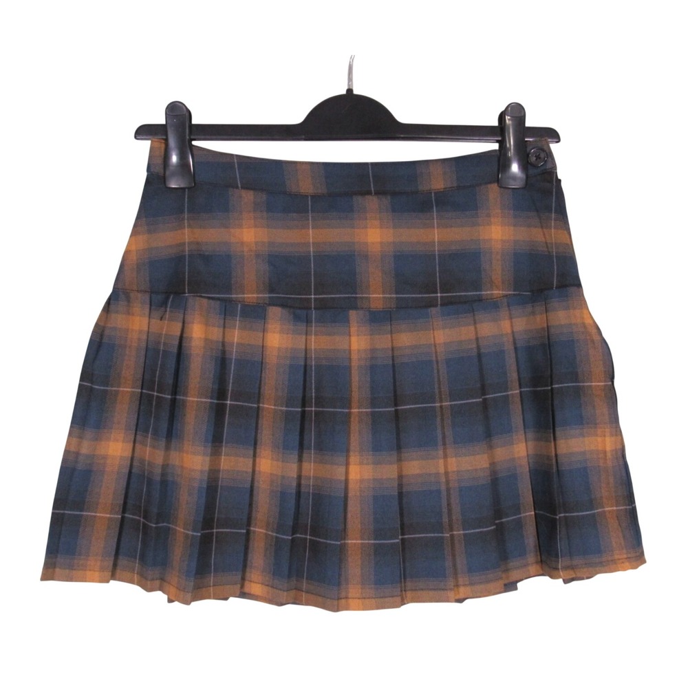 DICKIES Navy/Brown PLAID Pleated BUTTON/ZIP SIDE Preppy School MINI SKIRT Sz 9